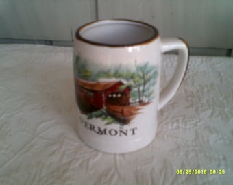 Vintage Stoneware Vermont Beer/ Coffee Mug, Vermont Souvenir, Covered Bridge Mug