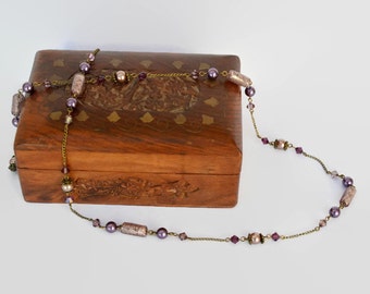 Ameythst purple pink bronze long Swarovski crystal necklace