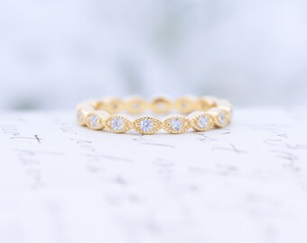 Yellow Gold Wedding Band - Art Deco Ring - Full Eternity Ring - Stacking Ring - Marquise Ring - Dainty Band - Thin Ring - Sterling Silver