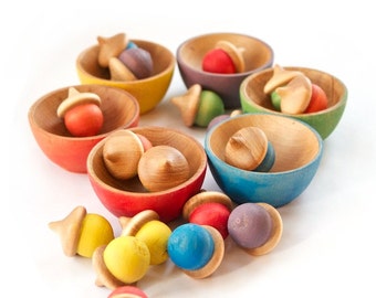 Montessori - Rainbow Stacking Bowls and Acorns - Waldorf Toy - Color Matching - Sorting Bowls - Toddler Christmas Gift