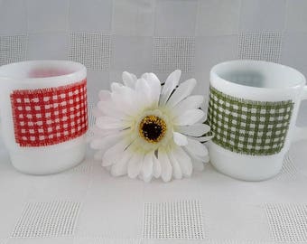Fire-King Milk-Glass Stackable Gingham Plaid Mugs, Set of Two (2)