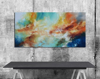 Original Abstract white Painting, orange blue painting on canvas, ready to hang, contemporary Large blue turquoise white aqua, panoramic art