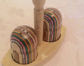 Bright Multi Color Wood Salt And Pepper Shaker Set. Beautiful Aged Wood. Shaker Set Bright Kitchen Stained Wood Rainbow Layered Grain