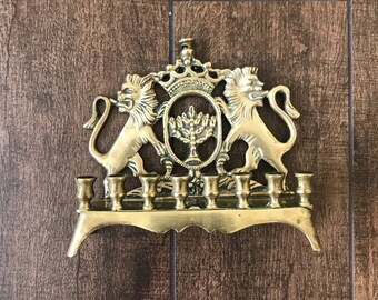 1920's Antique Brass menorah with two lions of Judea