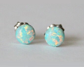 4mm, 5mm, 6mm, 8mm Aqua fire opal stud earrings, Hypoallergenic Titanium earrings, Mint opal studs, Birthstone studs, Aqua opal studs