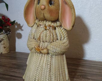 Antique Vintage 12.5" Bunny Basket Weave Dress Molded Ceramic Figurine Statue