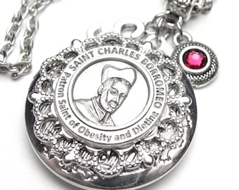 Obesity & Dieting Patron Saint Charles Borromeo Locket Antique Silver Necklace, Custom Birthstone and Initial Letter, Catholic Gift