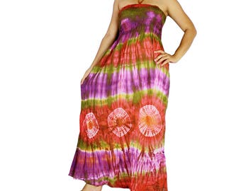 Smocked tie dye off shoulder dress tie dye cotton 2 in 1 boho tube dress maxi summer sundress comfy beach casual dress long skirt (424)