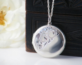 Sterling Silver Vintage Locket | Engraved Locket | 925 Silver Round Photo Locket - 24 Inch Vintage Sterling Silver Chain