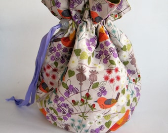 Hedgerow Project Bag. Small Drawstring bag ideal for knitting or crochet projects