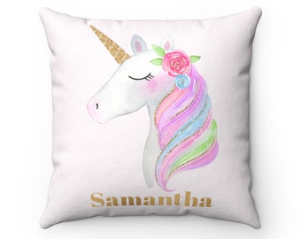 Gold & Pink Unicorn Pillow, Unicorn, Unicorn Gift, Unicorn Cushion, Unicorn Decor, Unicorn Nursery, Nursery Decor, Personalized Pillow