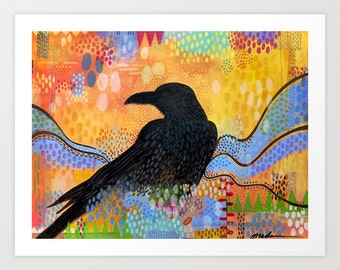 Contemporary Art Print, Colorful Raven Print, Fine Art Giclee of a Raven on a Colorful Background, Raven in Solstice