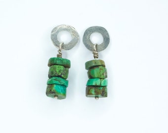 Vintage Handmade Sterling Silver and Green Turquoise Nugget Earrings