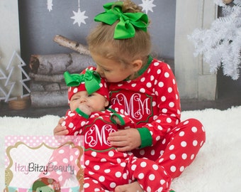 Girls Christmas Pajamas - Monogram Appliqué - Girls Polkadot Pajama - Sister , Sibling Pajamas - Pants Set - Infant Full One Piece Romper