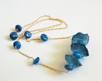 Mothersdaysale Teal Blue Quartz Hammered Nugget And Kyanite Blue Necklace in Sterling Silver -Blue Necklace - Statement Necklace