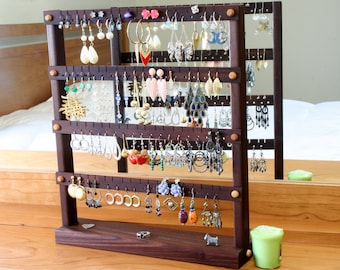 Earring Holder - Jewelry Organizer Stand, Peruvian Walnut, Wood. Holds 72 Pairs of Earrings. Jewelry Display - Jewelry Holder