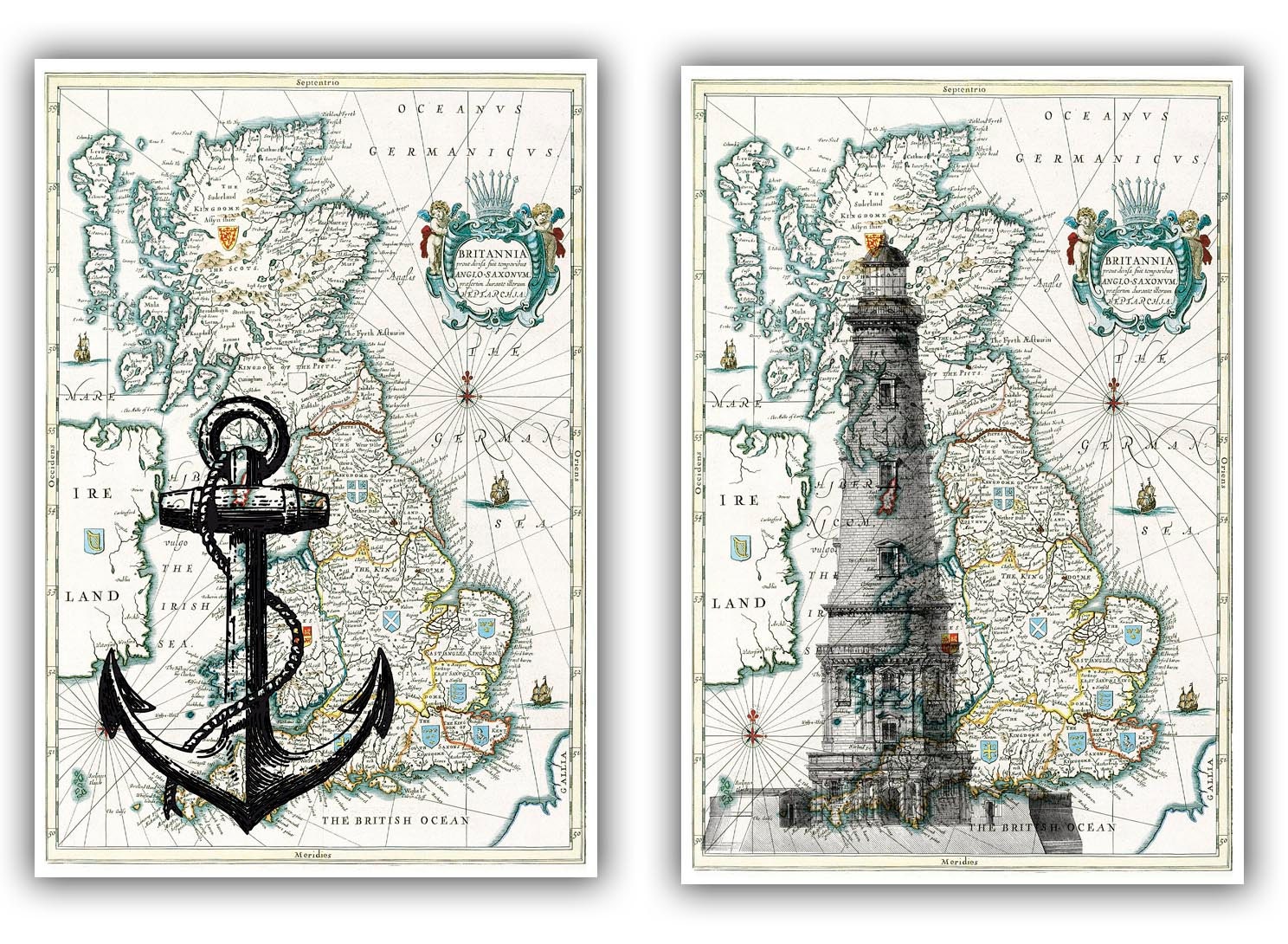 lighthouse-and-anchor-print-on-antique-map-of-england-map