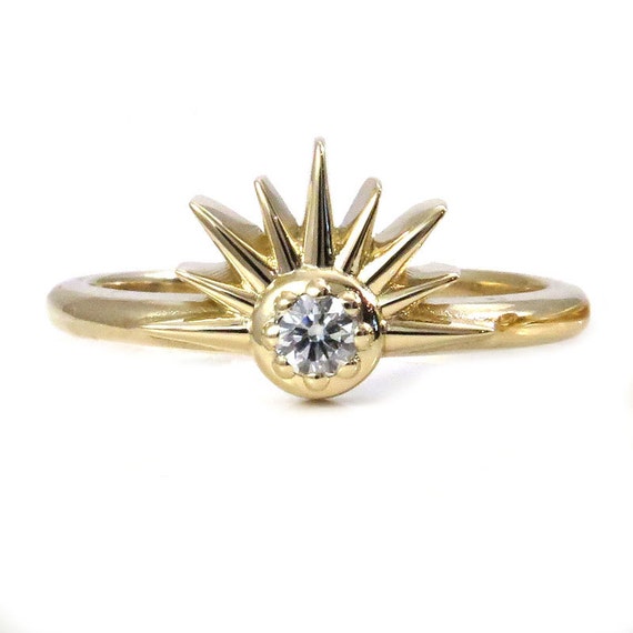 Diamond Sunshine Ring - Art Deco Yellow Gold Sun Engagement Ring