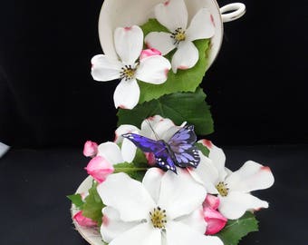 Unique Centerpiece Floating Teacup - Apple Blossoms, Buds, and Butterflies