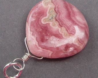 Rhodochrosite Heart Pendant, Sterling Silver Wire Wrapped Pendant, Rhodochrosite Dangle Charm with Sterling Silver Jump Ring, Stone 43