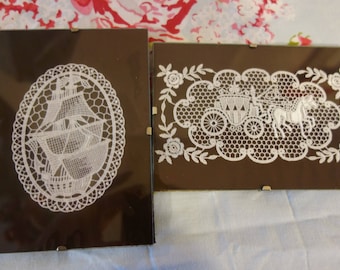 two vintage framed needle lace moifs