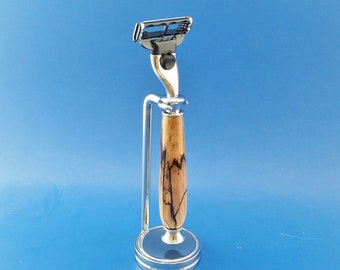 Handcrafted shaving set, razor, stand, Spalted Hackberry, wood, Fusion or Mach3