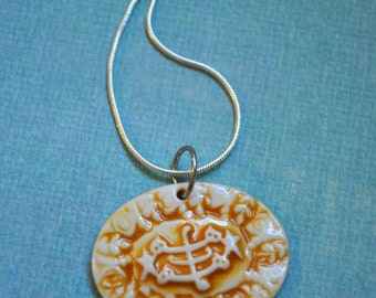Baha'i Ringstone Symbol- porcelain pendant necklace- yellow and white