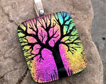 SALE Tree Dichroic Pendant Necklace, Beautiful Rainbow Hand Etched Glass Art