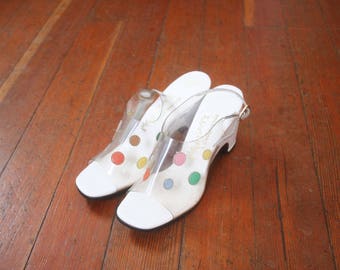 Vintage 1960s Open Toe Clear Plastic Vinyl Pastel Polka Dot Sling Back California Magdesians Heels size 6.5 S