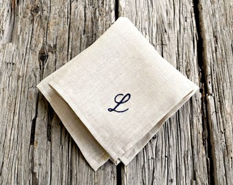 Oatmeal Linen Monogrammed Handkerchief, Natural Color Personalized Pocket Square, Natural Linen Hankerchief, Monogram Pocket Square Hankie