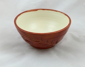 Cinnamon Red Serving Bowl Locust Leaf Design Handmade Pottery by Daisy Friesen
