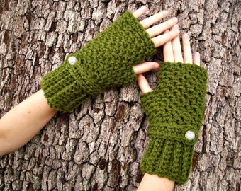Crocheted Gloves - Olive Green Fingerless Gloves Green Hand Warmers Green Mittens Green Gloves Womens Gloves - Womens Accessories