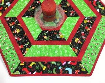 Christmas Quilted Table Runner, Elves and Candy Canes Hexagon Table Topper Quilt, Red Green White, Quiltsy Handmade Centerpiece Quilt