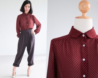 Long sleeve blouse paisley print in red crimson color peter pan collar shirt 90s Button Up Shirt Vintage 1990s Small Medium