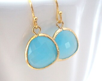 Ocean Blue Earrings, Glass, Gold Blue, Dangle, Light Blue, Aqua, Turquoise, Bridesmaid Earrings, Bridal Earrings Jewelry, Bridesmaid Gifts
