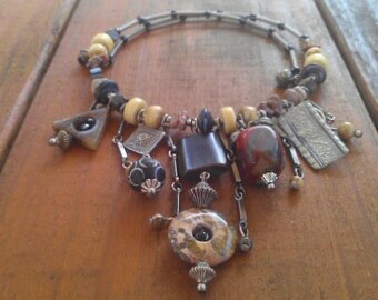 beaded choker bib necklace, memory-wire, chunky pieces, beads, stones, metal, bohemian, hipster, tribal, warrior, ooak, gift, FREE SHIP