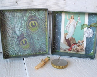 Pocket shrine prayer box Christian Mary icon blue upcycled embellished saint medals/ free shipping US