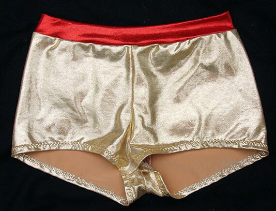 Gold and Red Mystique Spandex Dance Shorts.