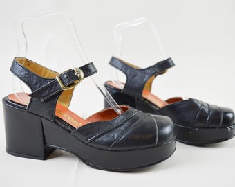70s Black Ankle Strap Dolly Shoes Wedge Sandals UK 3 / US 5.5 / EU 36