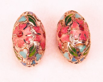 Pair 1" Floral Cloisonne Beads w/ Silver Pink Blue & Green Colors