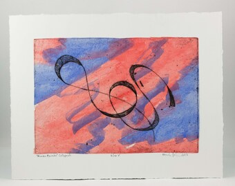 Merry meander. Hand made collograph print. Chine-collé. Abstract.