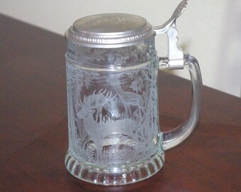 Vintage Stein, Etched BMF Glass Deer Stein, Beer Mug, Made In W Germany,, Marked, Beer Stein, Bar Mug, 1990 - 1995