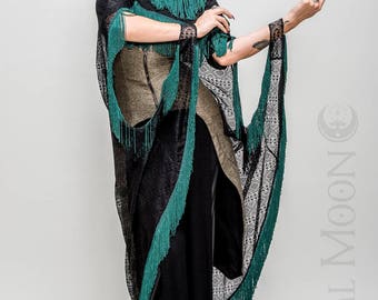 NEW Specialty: The Flapper Fringe Cape in Black with Red or Green Long Fringe Trim by Opal Moon Designs (One Size)
