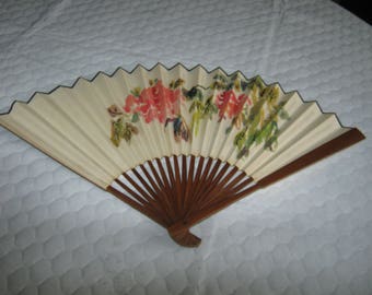 12" Chinese Hand Held Tan Floral Fan Brown Handle