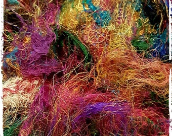 Sari Silk Recycled Fibers: MULTICOLORED Blend ~ Great for Felting, Carding, Spinning, Weaving & Fiber Arts~Priced per 5oz