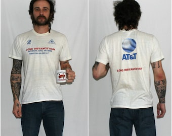 Vintage 1980s AT&T Long Distance Run. Tight White Hipster Paper Thin Rare 1988 Winston Salem Corporate Sponsor Logo Distressed T Shirt