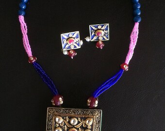 semi precious gemstones jadau necklace set with earrings
