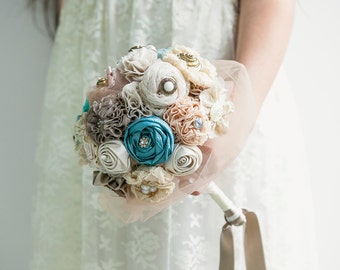 Teal ivory bouquet, bridal bouquet, fabric flowers bouquet