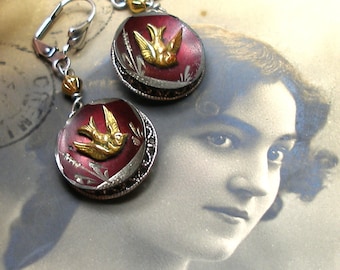 1800s BIRD BUTTON earrings, Victorian songbirds on brass. Antique button jewellery.