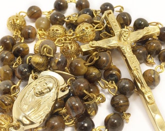 Catholic Rosary Beads, Tiger eye style bead rosary, gold plated rosary, brown rosary, baptism, first communion, confirmation five decade